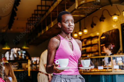 Black woman in pink top holding two coffee cups and looking forward in bakery cafe. Female customer carrying hot drinks urban coffee culture, everyday service moment, modern city lifestyle