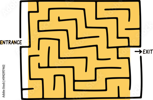 Intricate maze puzzle with entrance and exit, challenging path to solve.