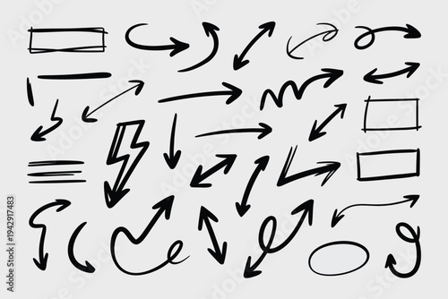 A collection of various types of arrows and arrowheads in black and white isolated on white background, Vector, illustration