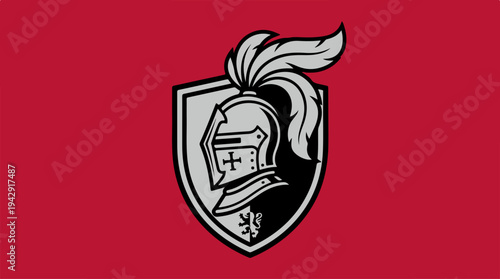 Knight Helmet Emblem on Red Background - Heraldic Design.