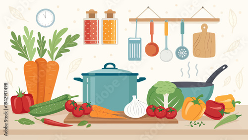 Fresh vegetables and cooking utensils on kitchen countertop with pot and pan