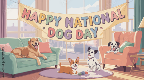 Dogs celebrate national dog day in a cozy living room with happy banner