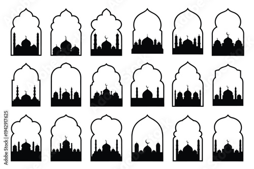 A collection of various types of umbrellas displayed in a grid pattern isolated on white background, Vector, illustration