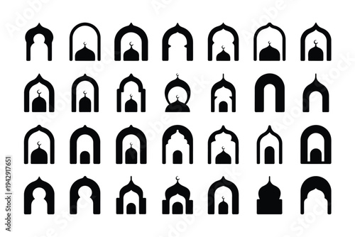 A collection of various architectural arches displayed in a grid pattern isolated on white background, Vector, illustration