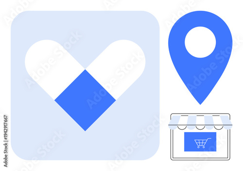 Healthcare services, pharmacy locator, online shopping, drugstore digital solutions, e-commerce, business navigation. Blue heart and map pin with storefront icon. Healthcare services and pharmacy