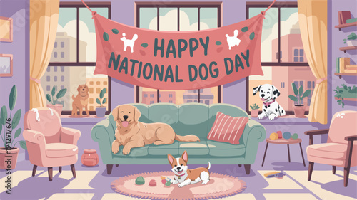 Happy national dog day banner in a cozy living room with dogs on the couch and floor