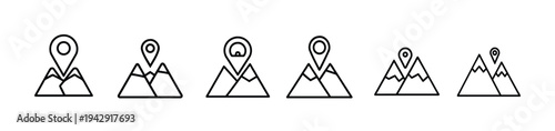 Mountain location and hill travel outline icon set with nature peak map pin, outdoor adventure navigation, hiking destination pointer more vector illustration or editable stroke.