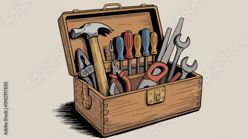 Open wooden toolbox filled with various colorful hand tools hammer screwdrivers wrenches and pliers on beige background