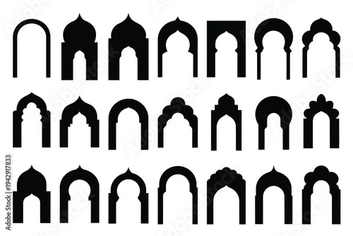 A collection of various types of arches and archways in a single row isolated on white background, Vector, illustration