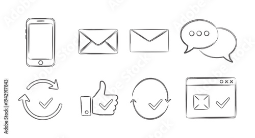 Hand drawn for communication and confirmation symbols phone envelope mail chat speech