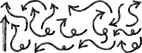 Hand drawn arrows and abstract shapes in black ink on white background