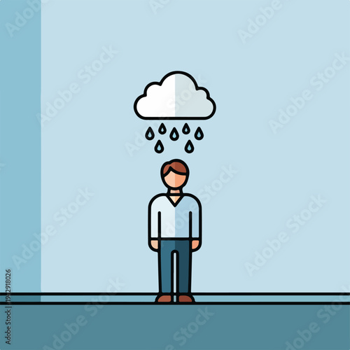 Person under a cloud of rain, feeling sad and gloomy.