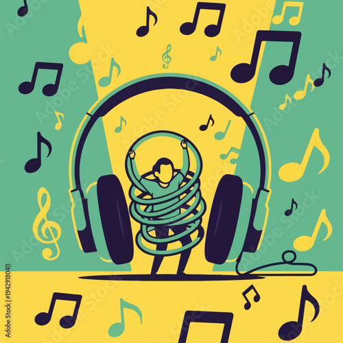 Person wrapped in headphones, listening to music, surrounded by musical notes.