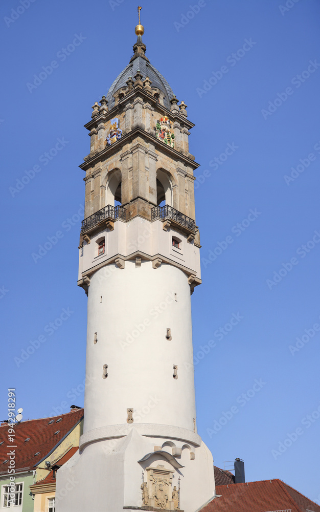 Fototapeta premium Close-up of the Reichenturm (Leaning Tower) , a tower of the former city fortifications of Bautzen, Upper Lusatia, Saxony - Germany