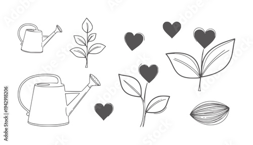 Hand drawn watering cans leaves hearts and seed pod plant leaf