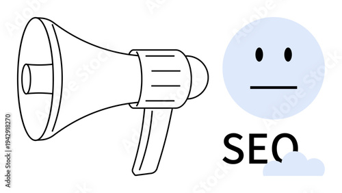 Digital marketing, SEO, online branding, communication, internet promotion, message amplification. A megaphone and neutral face icon with SEO text. Digital marketing and SEO concept