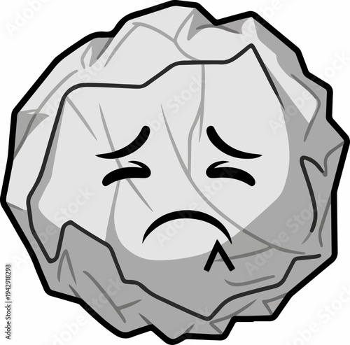 Sad crumpled paper ball with a disappointed face expression.