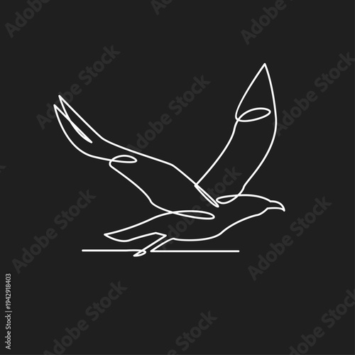 Continuous Line Drawing of a Flying Seagull, Elegant One Line Art Bird in Motion Against a Black Background
