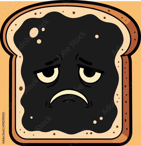 Sad toast with dark spread, a cartoon illustration of food.