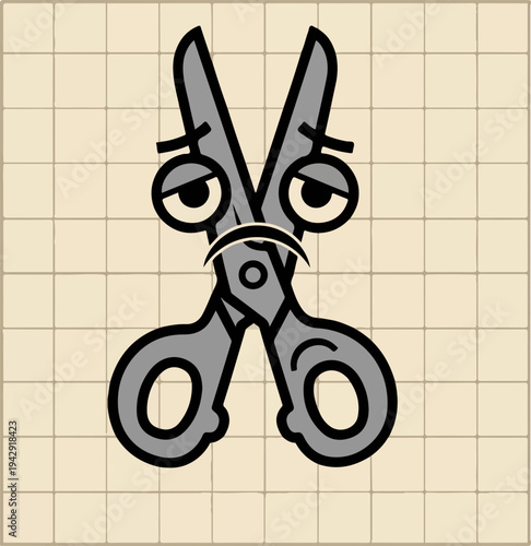 Sad Scissors with Eyes on a Grid Background.