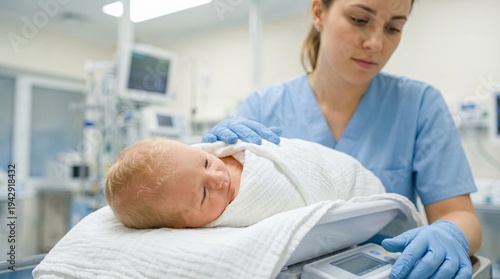 Newborn baby on digital scale in neonatal clinic with nurse weighing infant, medical checkup