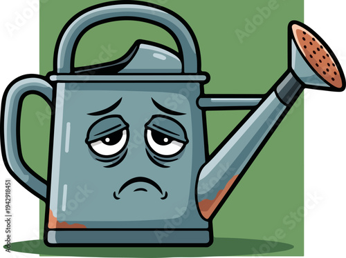 Sad Watering Can Cartoon Illustration Depicting Melancholy and Despair.