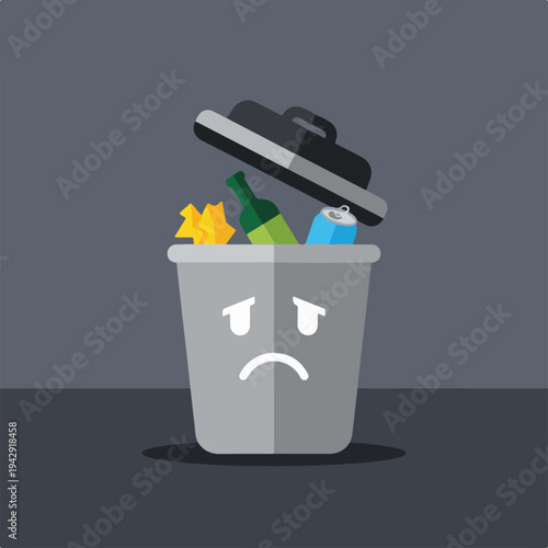 Sad trash can overflowing with garbage and waste materials.