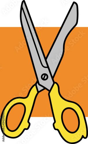 Scissors cutting through orange background, sharp blades and yellow handles.