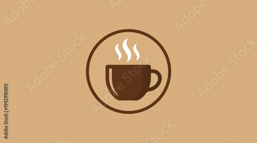 Steaming Coffee Cup Inside a Brown Circle on Beige Background.
