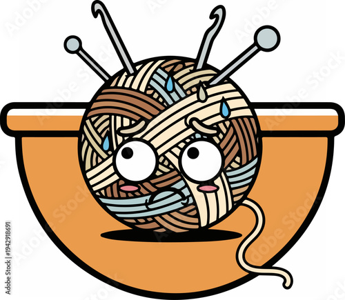 Stressed ball of yarn with crochet hooks in a bowl, cartoon illustration.