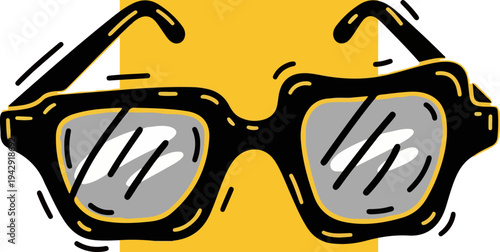 Stylish Black Eyeglasses - A Detailed Close-Up on a Yellow Background.