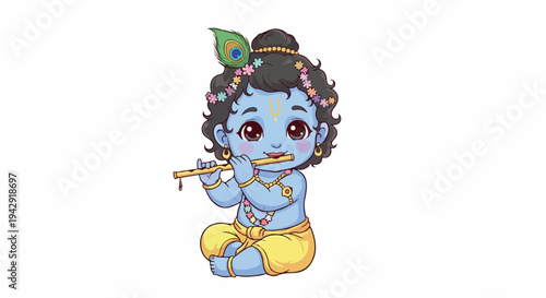 Illustration of a blue-skinned Krishna playing a flute with a peacock feather on his head against a plain white background.