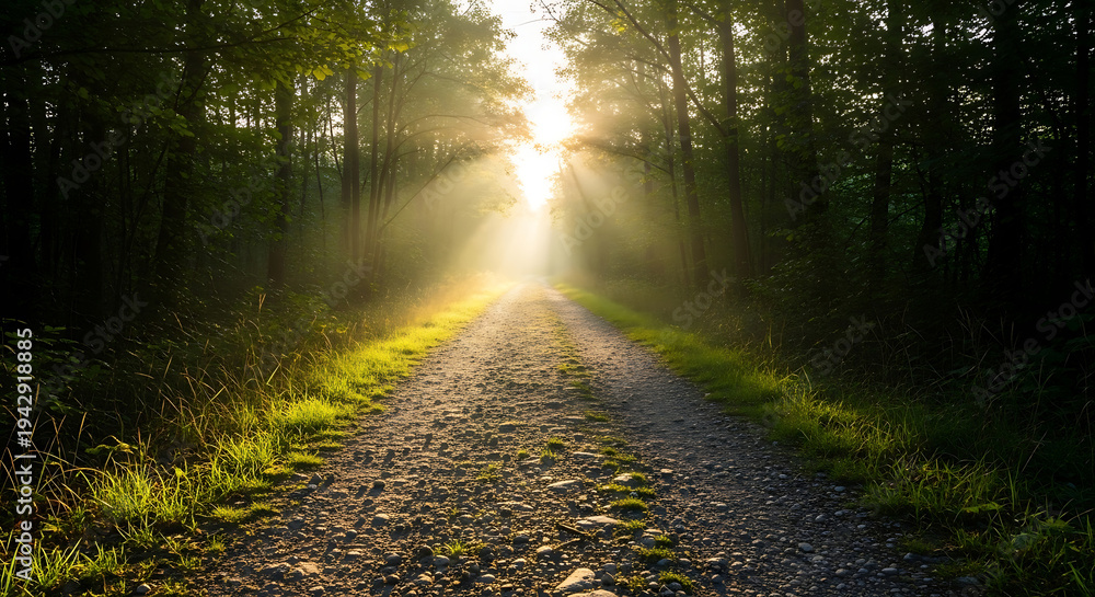 Obraz premium Sunbeams illuminate a forest path at sunrise
