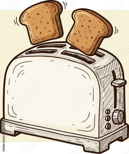 Toaster with toasted bread slices popping up, kitchen appliance illustration.