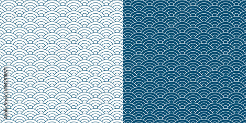 Seigaiha Japanese wave pattern background set in indigo traditional seamless design