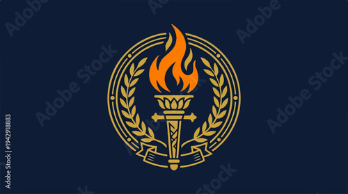 Torch emblem with flame and wreath on a navy blue background.