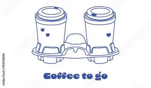 Coffee to go doodle one line illustration. Cute two cups of coffee. Cappuccino, latte