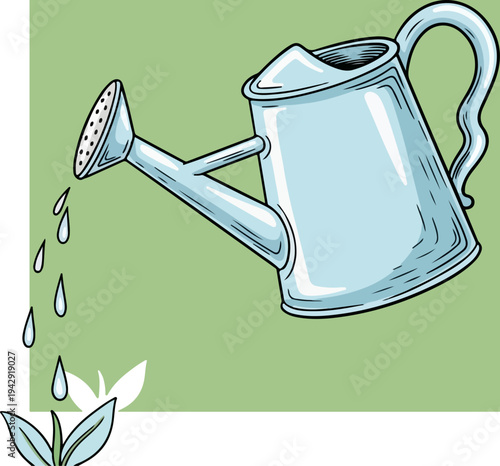 Watering can pouring water onto a small plant, nurturing growth.