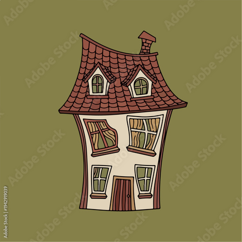 Whimsical Cartoon House Illustration on a Green Background.