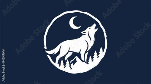 White wolf howling at the moon inside a circle design.