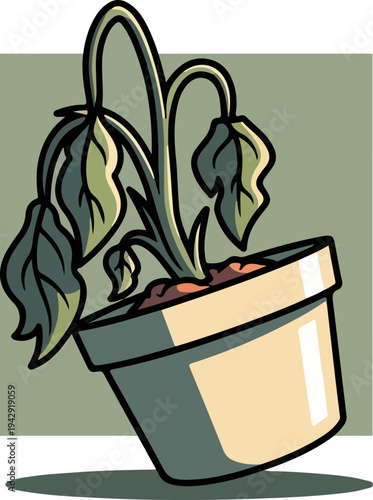 Wilted plant in a pot, showing signs of neglect and dehydration, needs water.