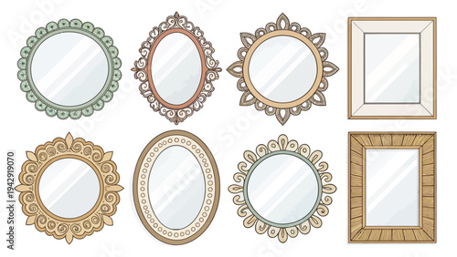 Vector collection of decorative wall mirrors with ornate gold bronze and silver frames