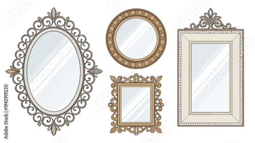 Vector collection of decorative wall mirrors in ornate gold and white frames for interior design