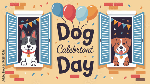 Two happy dogs celebrating dog celebration day with balloons and confetti through open windows
