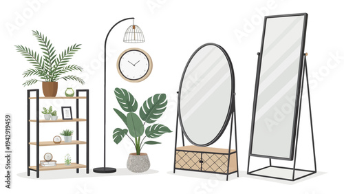 Modern household mirrors and decor flat illustration with plants and furniture
