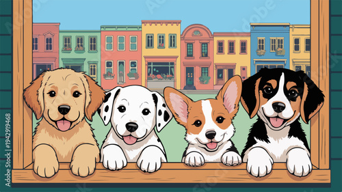 Four cute dogs of different breeds looking out a window at colorful buildings on a sunny day