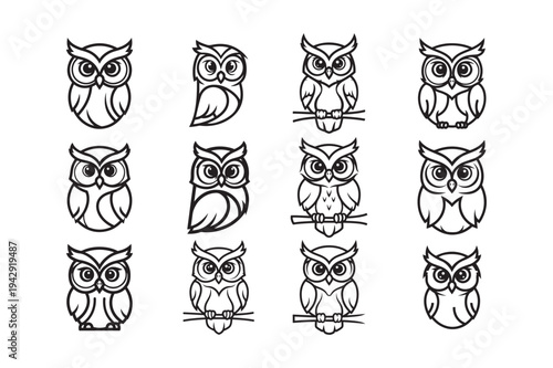 Cute Owl Line Art Vector Icon Set – Minimal Black Outline Owl Collection