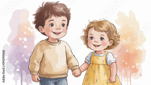 Smiling boy and girl holding hands in colorful background with trees childhood friendship concept