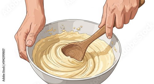 Hands Mixing Batter in Bowl.