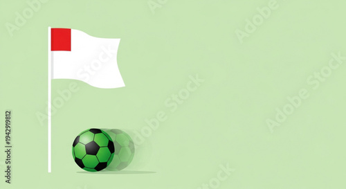 White flag pole with green and black soccer ball on green grass background cartoon vector illustration